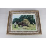 Gerald Broom, figures loading a horse and cart, 'Haymaking', oil on board, signed, paper label verso