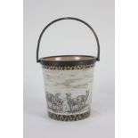 A Hannah Barlow Doulton Lambeth stoneware pot bucket shape with metal mount and swing handle,