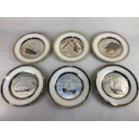 A collection of six Chokin style plates decorated with Clipper sailing ships and other scenes,