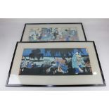 A collection of four framed Japanese prints on crepe paper, various scenes after Yoshitoshi,