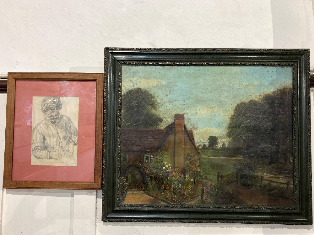 19th / early 20th century school, naive landscape with cottage and garden, oil, unsigned, 44cm by