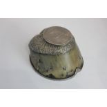 A Victorian silver mounted horse hoof inkwell rising circular top with presentation inscription,