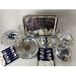 A pair of Mappin & Webb silver plated oval entree dishes, two cased sets of six Mappin & Webb silver