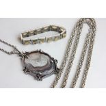 A silver and yellow stone bracelet, a silver and banded agate pendant and a long silver chain