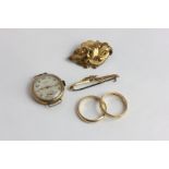 Two Swedish 18ct gold wedding rings 9.6g, two brooches, and a lady's 9ct gold watch