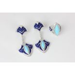 A pair of diamond, turquoise and blue enamel drop earrings clip fittings in 18ct white gold, with