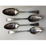 A set of four George III silver Old English pattern tablespoons with engraved horse armorial