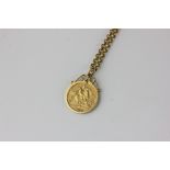 A 1913 half sovereign in 9ct gold pendant mount on chain 8.3g gross
