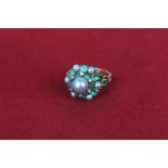 A pearl, rose diamond and emerald cluster ring