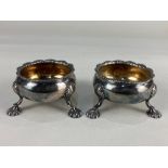 A pair of George II silver cauldron salts, maker Henry Corry, London 1757, with gilt interiors,