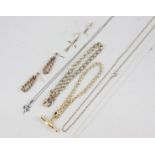 A 9ct gold bracelet, a pair of earrings, two pendants, a neck chain, and a yellow metal bracelet,