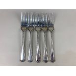 A set of five Victorian silver Old English bead pattern table forks, maker Josiah Williams & Co,