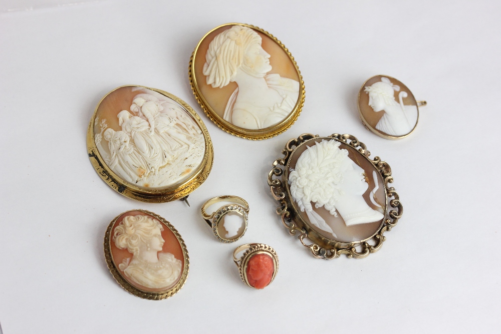 Five gold mounted shell cameo brooches (a/f); a coral ring and a rose diamond set cameo ring