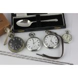 Two silver cased open faced watches; a lady's silver open face pocket watch; a metal cased