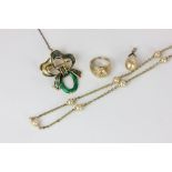 A French gold and enamel ribbon brooch (a/f) 10.3g a 9ct gold ring, a silver gilt neck chain and