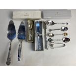 A set of six George V silver coffee spoons, maker RB, Birmingham 1930, two other silver spoons, a