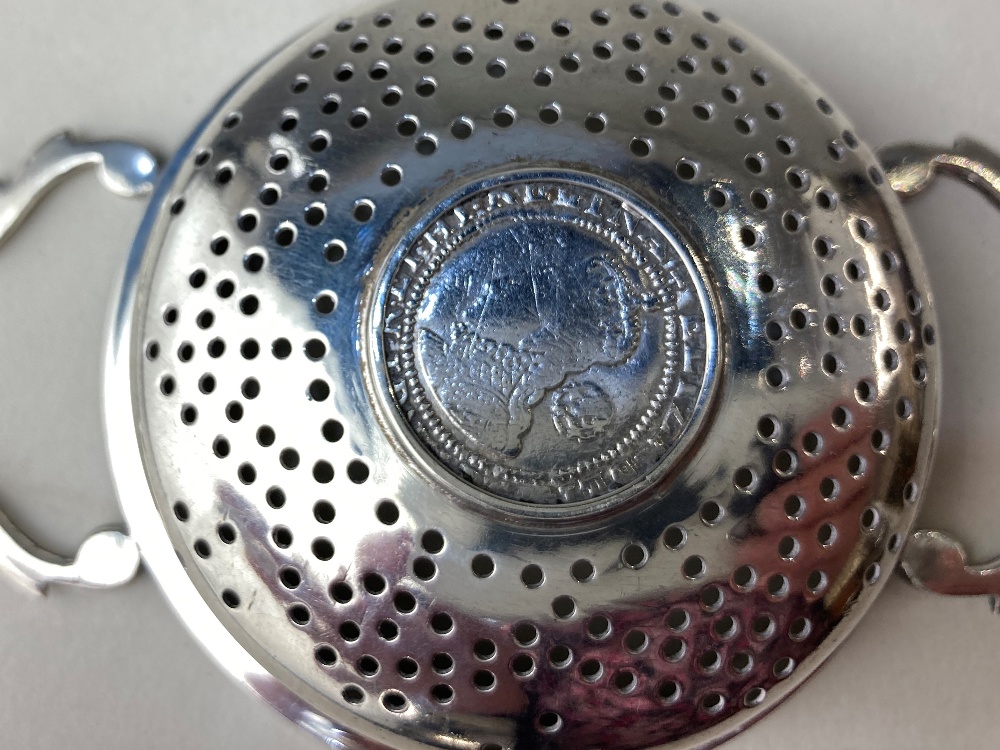 An Edward VIII silver tea strainer, coin inset Elizabeth I sixpence 1582, maker Walker & Hall, - Image 3 of 3