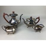 A George V silver four piece tea set, maker Joseph Gloster Ltd, Birmingham 1931, of scalloped reeded