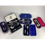 Six Victorian and later cased silver christening sets, (some matched, some part) including a