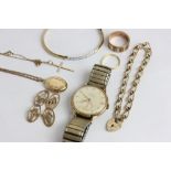 A quantity of 9ct gold jewellery including a bracelet with padlock clasp; a bangle; a pair of