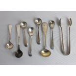 A William IV silver mustard spoon five other cruets spoons, a plated salt spoon and a pair of George