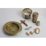 Three shell cameo brooches; a crucifix, silver thimble; a hardstone and paste bar brooch; and