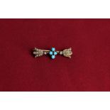 A turquoise, pearl and diamond bar brooch