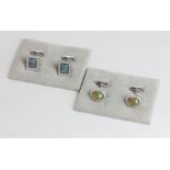 A pair of opal and diamond cufflinks, rectangular with diamond border in 18ct white gold, and a pair