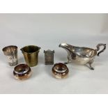 A pair of silver mounted Doulton Lambeth salts, a silver plated tot and sauce boat, a copper