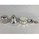 A silver inkwell, (marks worn - no liner), a white metal mounted mother of pearl circular jar and