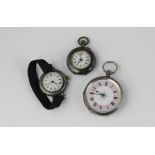 A lady's Swiss silver pocket watch with pink enamel dial; a silver wrist watch; a steel pocket