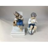 Two Bing & Grøndahl porcelain figures, of a boy seated on a stool drinking from a cup and a girl