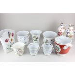 Three Herend porcelain cache pots, various shapes, decorated with birds, butterflies and flowers,