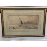 Maritime school, boat sailing off a coastline, watercolour, unsigned, 16cm by 34cm (a/f)