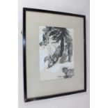 Warwick Reynolds (1880 - 1926), lynxes and a wolf circling a tree, charcoal, signed, inscribed paper