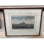 Local interest, an 18th century coloured engraving of Chichester Cathedral, the city walls,