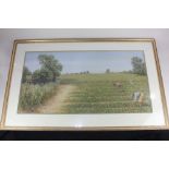 Judie Long (contemporary), strawberry pickers before a cornfield, pastel, signed and dated 94,