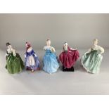 Five Royal Doulton porcelain figures of ladies, Suzette (HN1577), Enchantment (HN2178), Fair Lady (