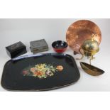 A mixed collection of treen items to include a black floral painted tray, copper dish, 24cm Indian