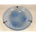 A pressed blue glass light shade, possibly French Art Deco, decorated with iris, 36cm diameter