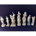 A Robinson and Leadbeater parian ware figure of the Venus de Milo, 26cm high, together with four