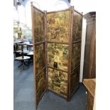 A Victorian oak three section room screen each panel covered entirely with miscellaneous Victorian