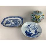 A Chinese porcelain blue and white platter, depicting a quail and a cricket in a landscape, together