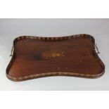 An Edwardian inlaid mahogany serving tray, with brass carry handles and raised gallery top, 56cm