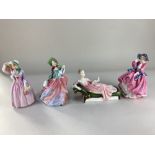 Four Royal Doulton porcelain figures of ladies, Miss Demure (HN1402), Repose (HN2272), Autumn