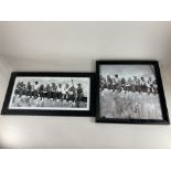 Two framed reproduction prints of men seated on a girder above New York, 'Lunch atop a
