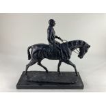 After Pierre-Jules Mene a bronzed resin sculpture of a jockey on the racehorse Caractacus, winner of