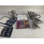 A Walker & Hall silver plated three piece tea set, and a Walker & Hall silver plated hot water