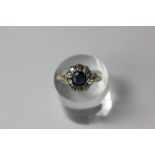 A sapphire and diamond cluster ring with a claw set oval cut sapphire within a border of eleven