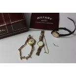 Two Rotary 9ct gold lady's wristwatches with bracelet straps and a 9ct gold Sekonda lady's